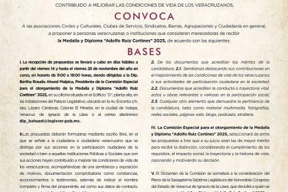 Emiten convocatoria para entrega de la Medalla Adolfo Ruiz Cortines 2025
