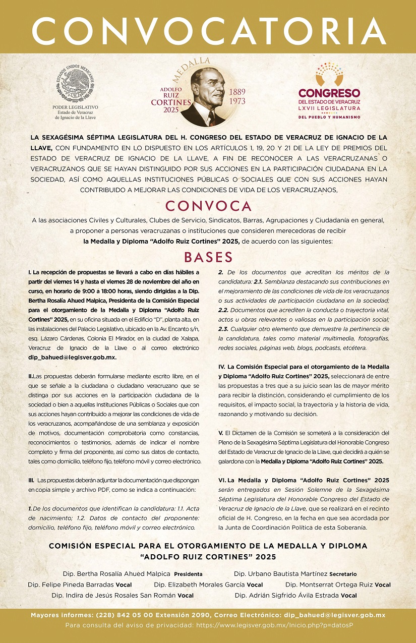 Emiten convocatoria para entrega de la Medalla Adolfo Ruiz Cortines 2025